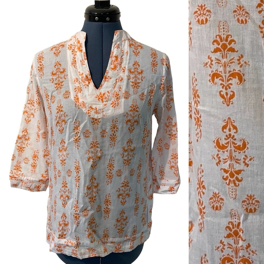 Anthropologie Creme Fraiche Orange White Fleur de Lis Oversized Tunic Beach XS